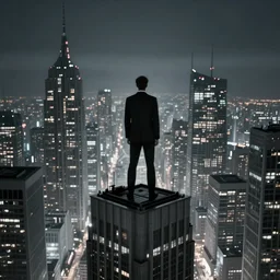 back view of a [ man standing on top of a skyscraper ]! with [ a suit looking down at a futuristic city at night ]! trending on unsplash 4 k photorealism intricate award winning hd contest winner zbrush contest winner high detail dreary bleak desaturated atmosphere sharp trending on behance