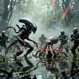 Xenomorph octopus in a swamp fighting colonial marines, reflections on the water, anamorphic flares , film still from Aliens by James Cameron