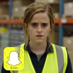 photo, close up, emma watson in a hi vis vest, in warehouse, concerned expression, android cameraphone, snapchat story screenshot, 2 6 mm,