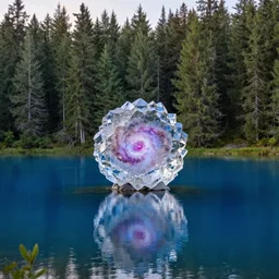 floating crystal sculpture of a nebula above a clear blue lake in the middle of an evergreen forest at dawn, wide scale, zoomed out