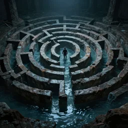 labyrinth half filled with water, dynamic, scary, detailed, cinematic, dramatic lighting, by ren hang