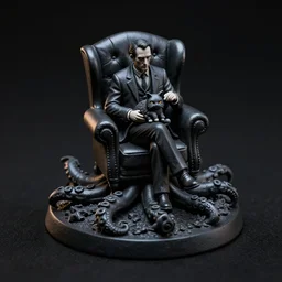 isometric view black resin miniature - howard phillips lovecraft hold the cat on the lap, man dressed suit sit in tall leather armchair, circle base as big tentacle with suction cups, black background, octane render, backlight, macroshot, highly detailed intricate matte sharp focus digital painting artstation pixiv
