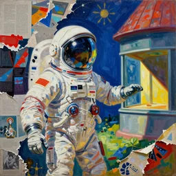 lost in space, vibrant colors, painting by shaun tan, detailed, intricate, torn paper decollage, oil on canvas by edward hopper, ( by mattias adolfsson ), by moebius