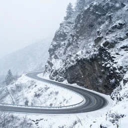 a dangerous winding road route on an icy snowy cliff edge, blizzard, photo