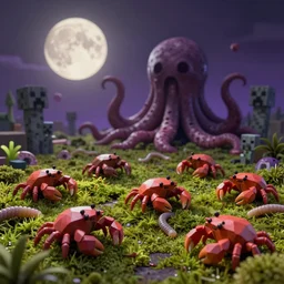 voidless of the festival!, The Graveyard, blood moon tentacles!!, outsider art!!!, The ego separates by Wojciech Siudmak!!!!, large group of crabs and worms, crawling along a bed of moss, low poly, creeper world, handcrafted, artstation, hyperrealistic, hard light, best practices, creeptastic, photorealism, macro perspective, cuddly