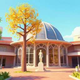 barcelona pavillion in vaporwave style, a ginko tree instead of thr statue