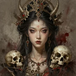stunning asian goddess of skull portrait bones skull dirt bloody background fantasy intricate elegant highly detailed digital painting