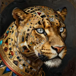 a beeple masterpiece baroque neoclassicist closeup renaissance portrait of a striking art deco panther. tilt shift, reflective detailed textures, elaborate geometric ornament, highly detailed fantasy science fiction painting, hyperrealism photorealistic, resembling a high resolution photograph, with diamonds for eyes