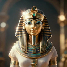symmetrical portrait of an egyptian queen digital art, cinematic lighting, ray tracing, octane render, long lens, shallow depth of field, bokeh, anamorphic lens flare, 8 k, hyper detailed, 3 5 mm film grain