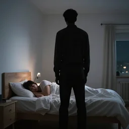 hyper realistic photo of a room, with a tall black silhouette of a person, standing in front of a person sleeping in bed, at night