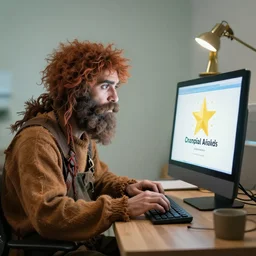 caveman using a computer, award - winning photo
