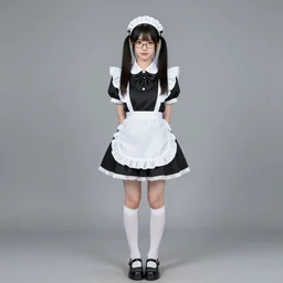 a symmetric and beautiful face, professional full body high definition photo of a young woman with twin tails, wearing glasses and maid uniform, photo taken with Sony a7R