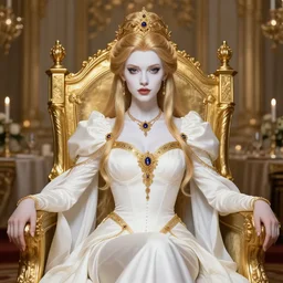 alluring princess warrior on golden throne banquet room portrait, white robes, golden accessories, facial features, golden hair, white skin, lipstick, high fantasy, extremely detailed, sharp focus, smooth, digital illustration, by artgerm, rossdraws, franzzeta