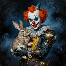 a portrait painting of a dark steampunk psychedelic clown holding a rabbit. blue foggy atmosphere, black background. highly detailed science - fiction painting by norman rockwell, moebius, frank frazetta, and syd mead. rich colors, high contrast. artstation