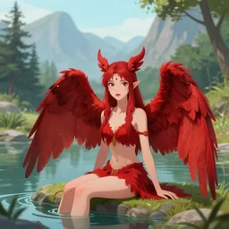 prompt Young Harpy-Girl, red feathered wings, humanoid, sitting at a pond, mountainous area, trees in the background, digital art