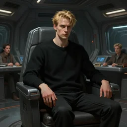 concept art by greg rutkowski, a very tall, and slender man with messy blond hair, wearing a black sweater, sitting in the spaceship command bridge, brutalist futuristic interior, dark lighting atmosphere, detailed portraits, nostalgic atmosphere, scifi, digital painting, artstation, concept art, smooth, sharp foccus ilustration, artstation hq