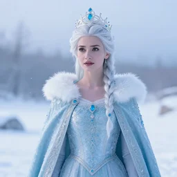 photograph of a real-life beautiful ice queen with ornate cloak and crown in an ethereal snowy landscape. Extremely detailed. 8k