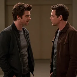 film still of Andrew Garfield as Hughie Campbell in the Boys (2022 show) talking to Homelander