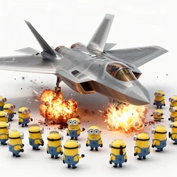F-22 Raptor destroying an army of minions Explosions Death Dismemberment USA War Minions In the style of Craig Mullins