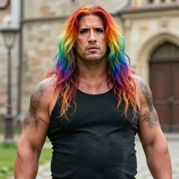 dwayne johnson as long haired lgbt rainbow haired obese dirty trans with mascara, looking at the camera, medium shot, trip to legnica, very realistic film still, natural