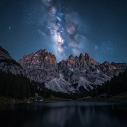 extremely beautiful alpine scenery at night with milkyway, dolomites, calm lake in foreground, intricate details