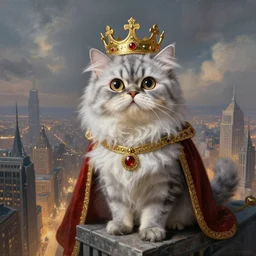 a fantasy painting of an anthropomorphic silver! brindle persian cat!!!!!! with very big! round! eyes!, as a renaissance king with crown in head, standing on a skyscraper overlooking a vast city, cinematic, beautiful lighting, dramatic