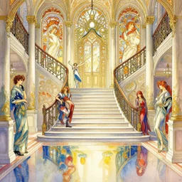 a beautifull intricate watercolor painting of a hall with stairs, reflexions, verry high details, colorfull, by william turner art, by greg rutkowski, by alphonse mucha, by james jean, by rossdraws, by frank franzzeta, by sakimichan, trending on artstation, very very detailed, masterpiece,