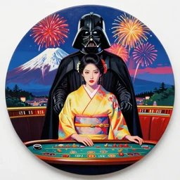 hyperrealistic composition, in the middle a woman in a japanese kimono, behind her stands darth vader, in front of her a table from the casino, in the background is mount fuji and fireworks, pop - art style, jacky tsai style, andy warhol style, roy lichtenstein style, round canvas, acrylic on canvas