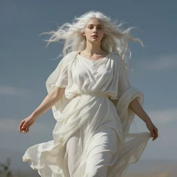a beautiful white haired young lady, with her toga floating about, artwork by jeremy mann and alphonse mucha, photo realistic, dynamic lighting, windy, artstation, poster, dreamy, volumetric lighting, ethereal, 4 k, high detail