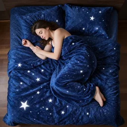 a woman sleeping in a bed made of stars