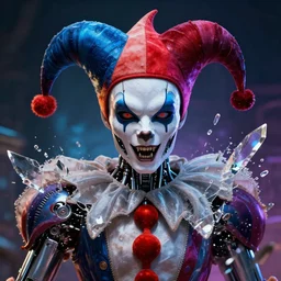 impressive ominous cinematic fine portrait photo of a court jester!! cyborg implant shattered crystal shard volumetric dynamic fluid simulation lighting impressive masterpiece hyper ultra detailed intricate sharp focus 8 k realistic illustration canon eos r 3 fujifilm x - t 3 0 sony alpha, by james gurney tooth wu artgerm colorful!!!, trending on artstation behance cgsociety stunning closeup macro