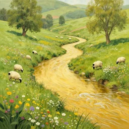 A golden river flows through a serene valley, lots of flowers, sheep grazing, by monet, greg Rutkowski, trending on artstation