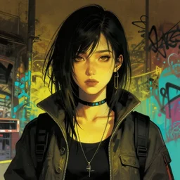 highly detailed portrait of a moody post - cyberpunk young adult lady by atey ghailan, by greg rutkowski, by greg, tocchini, by james gilleard, by joe fenton, by kaethe butcher, gradient yellow, black, brown and cyan color scheme, grunge aesthetic!!! ( ( graffiti tag city background ) )