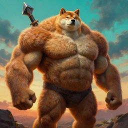 muscular oversized shiba inu with weapon and anthropomorphic human oversized mutant proportions and very hairy body , backlight body , extreme very textured detailed intricate painting by rembrandt, sunset, dramatic clouds cyan atmosphere, no extra head