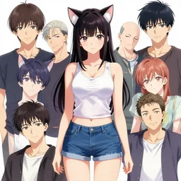A full body anime portrait of beautiful girl with cat ears, wearing a tank top and blue jean shorts; by Stanley Artgerm Lau, WLOP, Rossdraws, James Jean, Andrei Riabovitchev, Marc Simonetti, and Sakimichan, trending on artstation