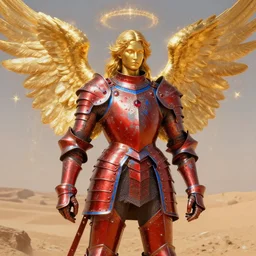 rococo style painting of full plate armor of crimson metal with azure blue lining and ruby studded worn by radiant gold skinned angel with glowing golden wings, magic, enchanted, intricate, crystal, background desert, dusty, soft light, 8 k, artstation trending, masterwork