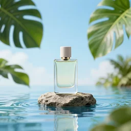 perfume bottle on a rock floating in the blue reflective sea surrounded by big tropical leaves, fauna and flora, bright blue skies, zen, light, modern minimalist daytime f 2 0 clean and fresh