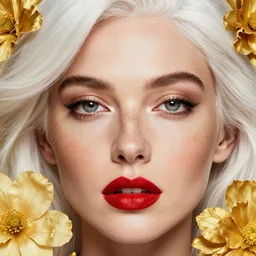 Close-up portrait of a woman, close-up, high sharpness, zeiss lens, fashion photo shoot, flowers, white hair, freckles, Red lipstick, against gold, Annie Leibovitz and Steve McCurry, David Lazar, Jimmy Nelsson, artistic, hyper-realistic, beautiful face, octane rendering