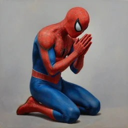 spiderman, kneeling, praying, head lowered, portrait, oil, painting, highly detailed, spider god, praying to spider god, spider jesus