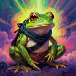 anthropomorphic ninja frog 🐸, [ style ] [ oil painting ] [ palate ] [ vibrant gothic colors ], vibrant neon nebulous clouds, radiant light rays, photorealistic painting, intricate and fine details, volumetric lighting, artstation,