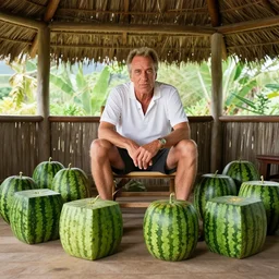 a photo of jeffrey epstein sitting in a hut in hawaii with various square watermelons everywhere in the room, portra 4 0 0