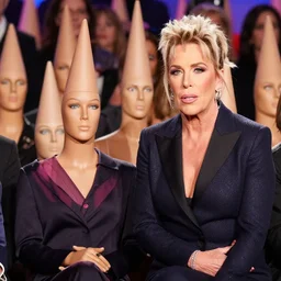 barbie jeffrey epstein guest appearance on the elen degeneres show, plastic mannequins with cone shaped heads in the crowd, highly detailed facial expressions