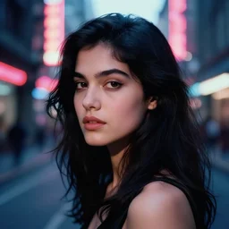A hyper realistic and detailed head portrait photography of a female, youthful, raven hair, graceful, curves, on a futuristic street. by Annie Leibovitz. Neo noir style. Cinematic. neon lights glow in the background. Cinestill 800T film. Lens flare. Helios 44m
