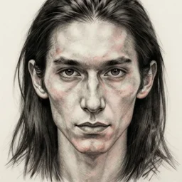 face portrait a thin man with long black hair in front of his face, a large hooked nose, dark penetrating eyes, highly detailed, drawing
