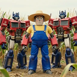 a film still of transformers robots wearing a straw hat blue overalls in the corn field, chappie, farming, photorealistic, 8 k