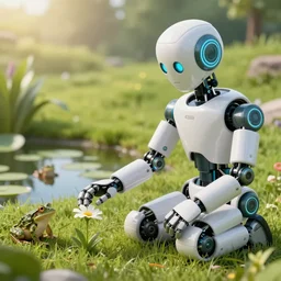 close-up of a robot sitting down, reaching to grab a single flower in the grass, utopian grassy landscape background, pond with frogs and lilypads, sun shining through the leaves, highly detailed, high quality, HD, 4k, 8k, Canon 300mm, professional photographer, 40mp, lifelike, top-rated, award winning, realistic, sharp, no blur, edited, corrected, trending