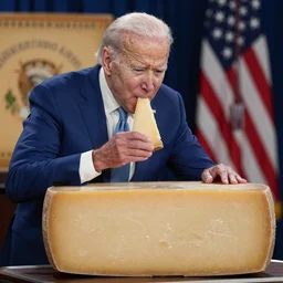 joe biden eating a large wheel of cheese,