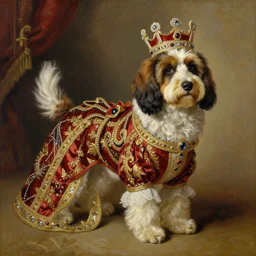 the royal king's dog by greg hildebrant lisa frank fancy rococo baroque regal canine oil painting high quality award winning clothed in fancy garb