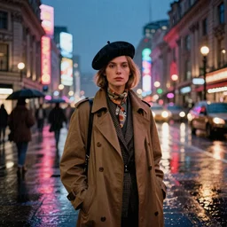 1 9 6 0 s fashion model in piccadilly circus by margaret keane, flash photography, nighttime!! raining!!, colorful!!!, photorealistic, atmospheric,