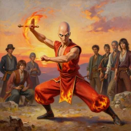 [ squidward ] wearing fire nation clothing and practicing firebending outside at susnset, oil painting, highly [ detailed ], intricate, hd, photorealistic, [ moebius ], greg rutkowski, thomas kinkade, leesha hannigan, ross tran, thierry doizon, kai carpenter, ignacio fernandez rios, artstation, cgsociety, realistic shading and lighting